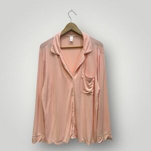 Eberjey Pajama Top Pink Long Sleeve Button Up Pocket Collared‎ L G
